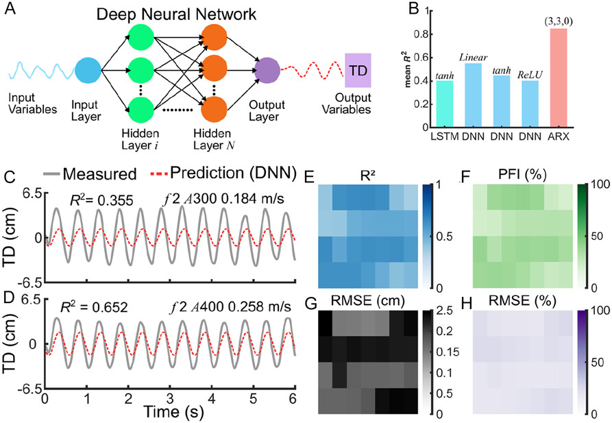 ARX prediction performance and validation metrics on robotic fish datasets